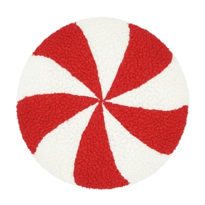 Round red and white peppermint candy plush pillow with soft swirl stripe texture