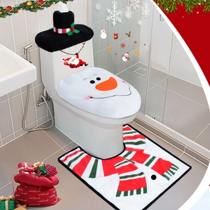 Detailed view of snowman toilet seat cover set with red scarf mat and top hat tissue box