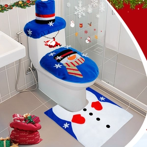 Detailed blue snowman Christmas bathroom set with toilet seat cover, mat and tank lid décor