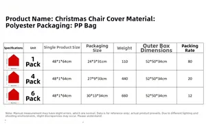 Detailed size chart for red and white Christmas chair covers showing dimensions and weights