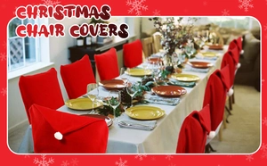 Classic red Santa hat chair covers with white pom-poms for Christmas dining decor