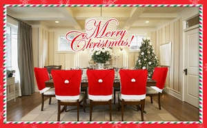 Detail of red and white Santa hat chair covers set with plush pom-poms for Christmas decor