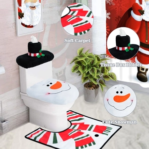 Three-piece Christmas snowman toilet cover set with tissue box and striped floor mat