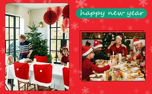 Detail of red and white velvet Christmas chair covers in a festive dining room setting