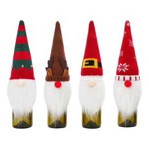 Set of 4 Christmas gnome wine bottle covers with knitted hats and plush beards
