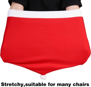 Macro detail of high-elasticity red and white Christmas chair cover fabric being stretched