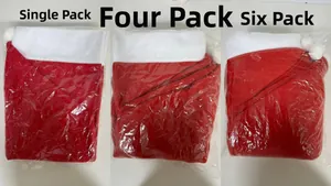 Detail view of 1 pack, 4 pack, and 6 pack red and white Christmas chair covers