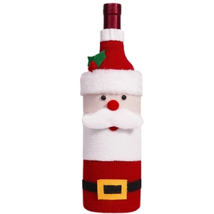 Knitted Santa Claus wine bottle cover with plush beard and decorative holly detail