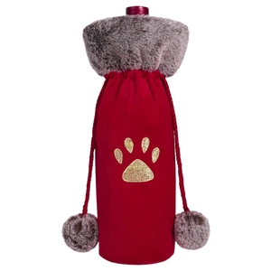 Red velvet Christmas wine bottle cover with grey faux fur trim and gold embroidered paw print
