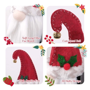 Détails de housse de vin gnome de Noël avec houx, cloches et barbe en fausse fourrure