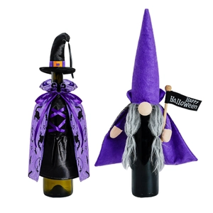 Halloween wine bottle covers set with purple witch cloak hat and gnome decorations