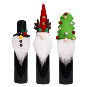 Three-piece Christmas gnome wine bottle covers set with gnomes and long white beards