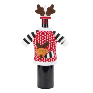 Knitted Christmas wine bottle cover set with reindeer sweater and horned hat decoration