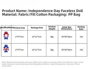 Size chart showing Independence Day gnome dimensions 17x9x7cm and material details