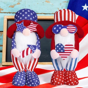 Detail of Independence Day gnomes with USA rocket and heart flag on American flag background