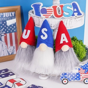 Three USA Independence Day gnomes with red and blue hats on a white wooden tray