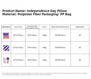 Sizing table for American Independence Day polyester pillow featuring US flag motifs