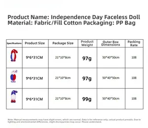 Size chart showing Independence Day gnome dimensions: 9x6x31cm and product weights