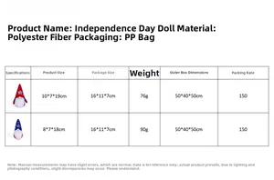Detailed size chart for Independence Day gnomes featuring red white and blue star patterns