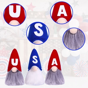 Three USA patriotic gnome plush figurines with red and blue hats for holiday decoration