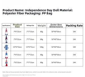 Size specifications and material details for 4th of July faceless gnome plush dolls