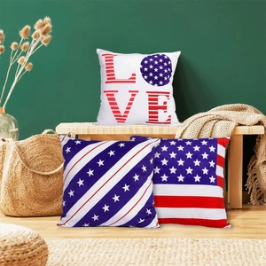 Detailed view of 3-piece US flag theme pillow covers with LOVE design and stripes