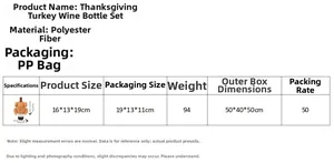Detailed size chart and specifications for the Thanksgiving turkey wine bottle cover