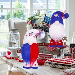 Patriotic July 4th gnome set with American flag stars and stripes on a rustic table