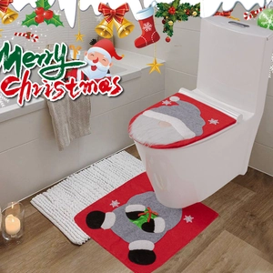 Detailed view of Christmas Santa toilet lid cover and floor mat bathroom decor set