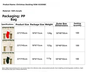 Detailed size and material chart for knitted acrylic Christmas stockings in red and green