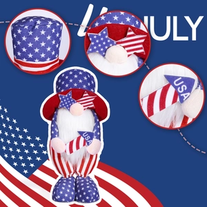 Detailed views of Independence Day gnome featuring star glasses and USA rocket prop