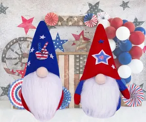 Close-up of patriotic 4th of July gnomes with stars and stripes in a festive scene