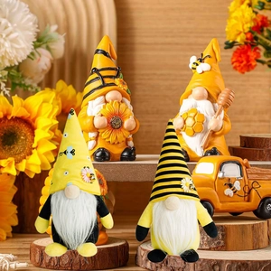 Bee Day Gnome figurines set with yellow truck and sunflower rustic decor