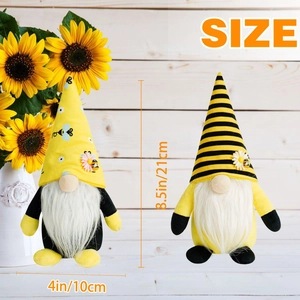 Bee gnome plush decor set with sunflower and striped hats standing 8.5 inches tall