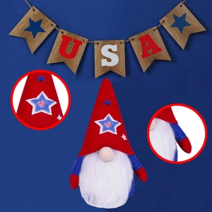 Detail of Independence Day gnome with red, white and blue hat and USA wooden banner
