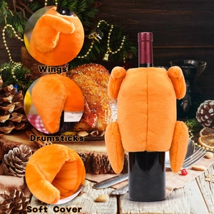 Harvest turkey wine bottle cover in soft orange plush for Thanksgiving table decoration
