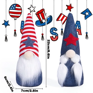 Detail view of Independence Day gnomes with USA flag patterns and 22cm height dimension