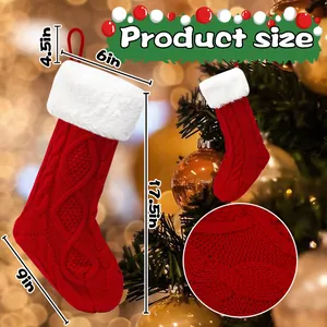 Detailed size chart for red cable knit Christmas stocking with plush white faux fur cuff