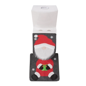 Gnome themed Christmas toilet cover and floor mat set in grey and red festive decor
