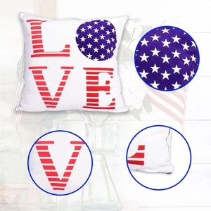 Detail of USA flag themed LOVE print on square pillow with stitching close-ups