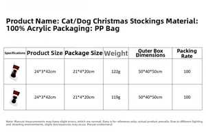 Size chart for red and black plaid pet Christmas stockings with cat and dog paw patterns