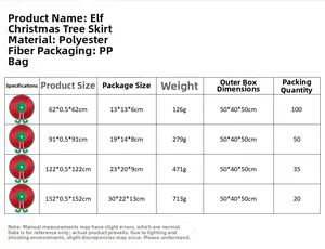 Size chart for Elf Christmas tree skirt with red and green stripe leg details