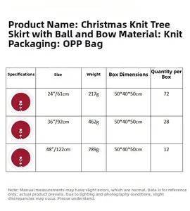Tabella taglie dettagliata per gonna per albero di Natale in maglia con pompon bianchi