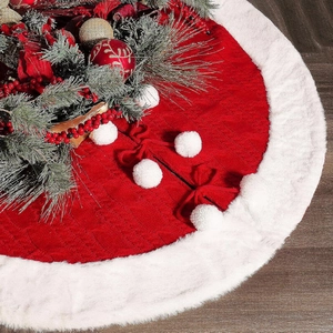 Gonna per Albero di Natale in Maglia a Trecce Rosso Bianco Bordo in Pelliccia Sintetica Con Pompon Grembiule Decorativo Casa