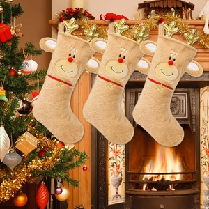 Grande Chaussette de Noël Renne en Peluche Avec Bois Dorés Nez Rouge Fausse Fourrure Décoration de Noël pour Cheminée
