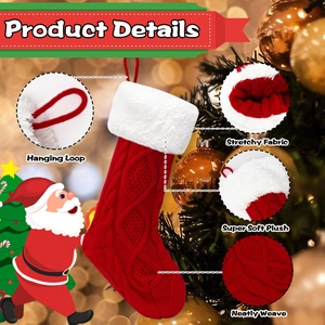 Red cable knit Christmas stocking with plush cuff and hanging loop for festive decoration