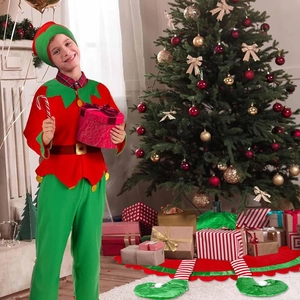 Detail of Christmas elf costume with zigzag collar and festive elf legs tree skirt