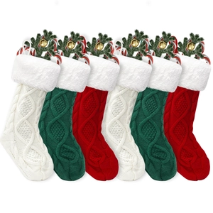 Set of 6 cable knit Christmas stockings with faux fur cuffs and holiday decorations