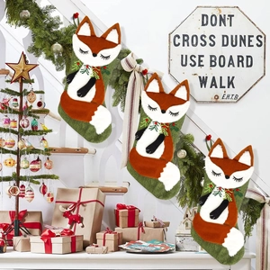 Chaussette de Noël Renard en Peluche Toile de Jute Verte Fausse Fourrure Broderie Chaussette de Noël Suspendue pour Décoration Maison Fête Sac Cadeau