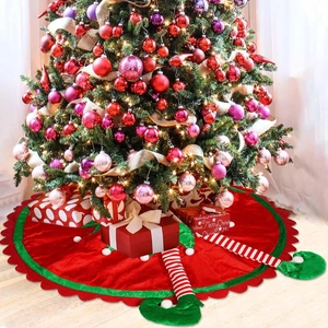 Christmas tree skirt with red velvet, green wavy edges and striped elf legs decoration